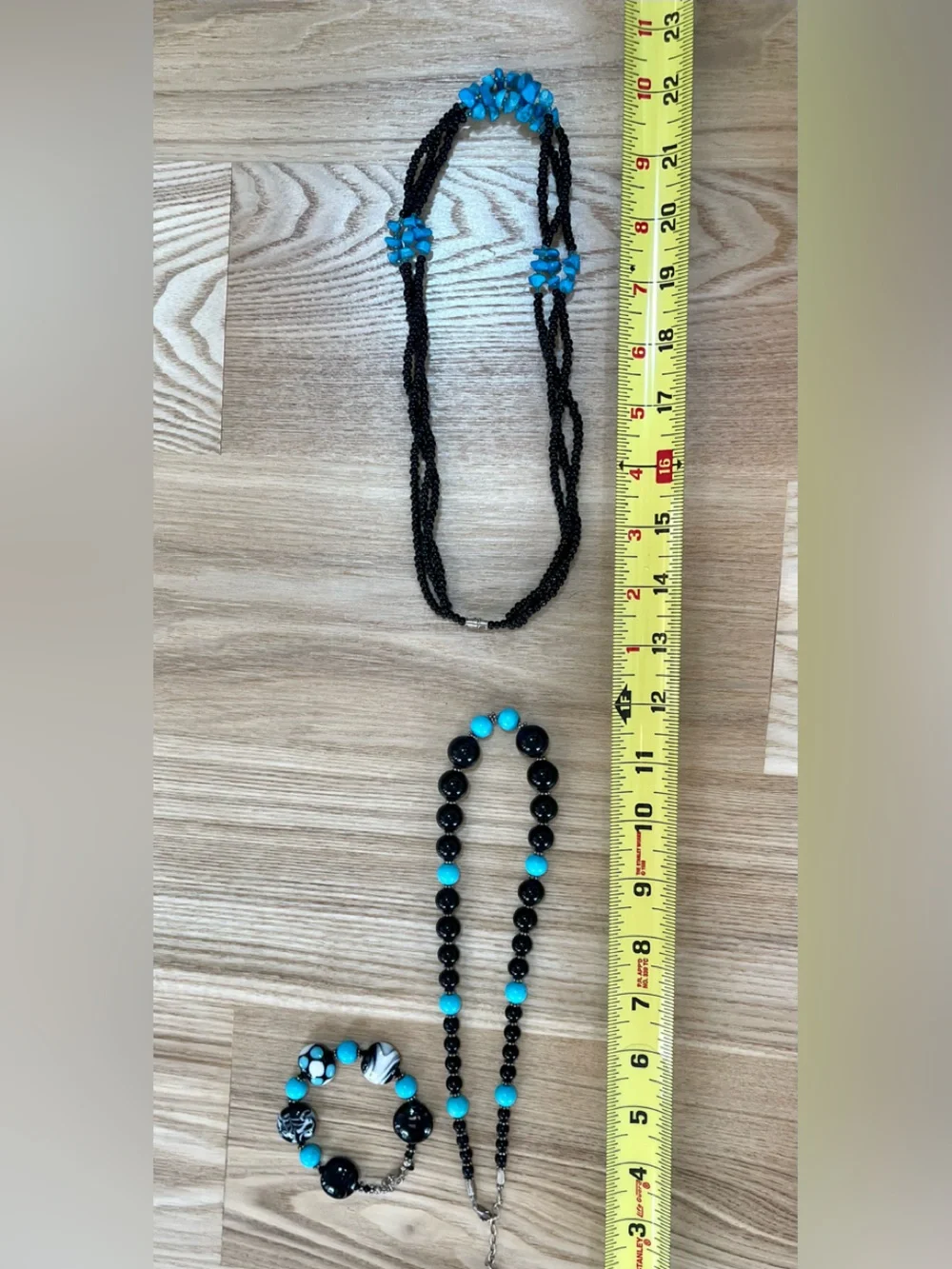 Two Turquoise and Black Beaded Necklaces and Matching Bracelet Set